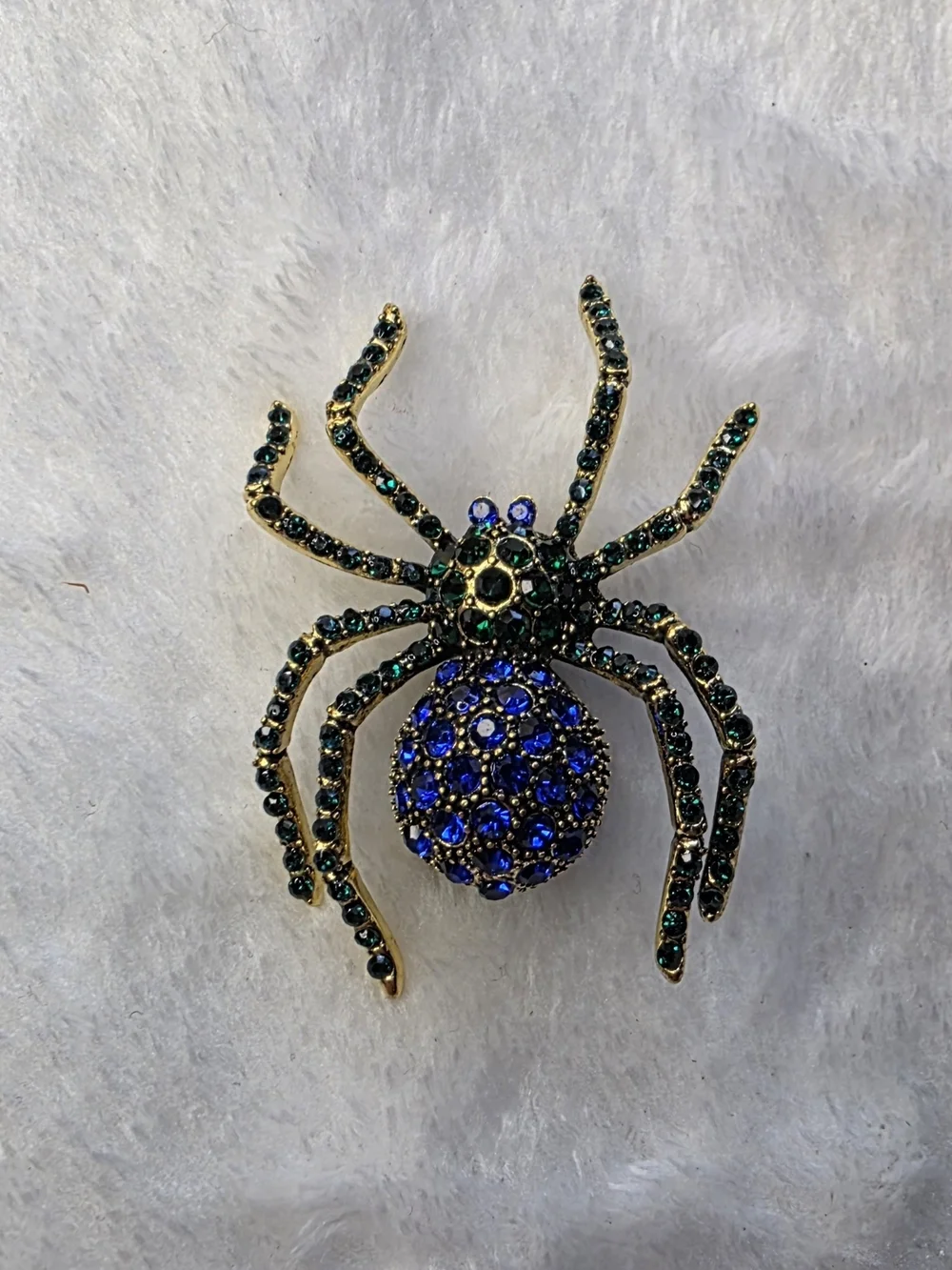 Sparkling Spider Brooch with Blue and Green Rhinestones